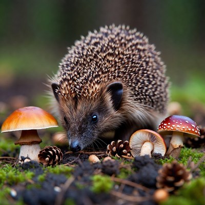 Hedgehog near red mushrooms