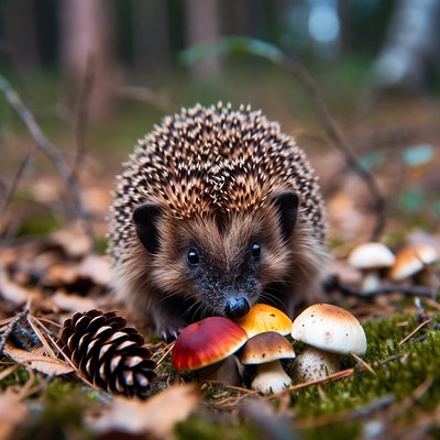 Hedgehog eating mushrooms in forest