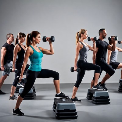 Group doing dumbbell step-up exercises
