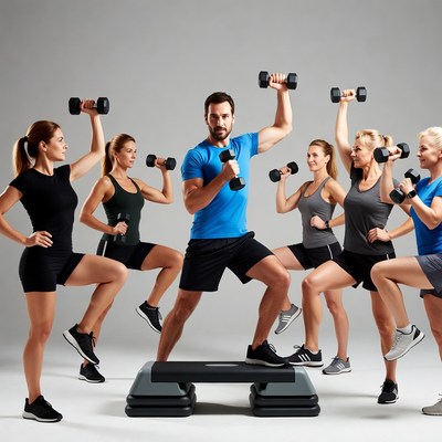 Trainer leading women dumbbell step workout