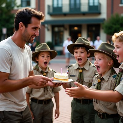 Scout leader giving birthday cake to boys