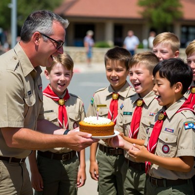 Scout leader presenting birthday cake to boys