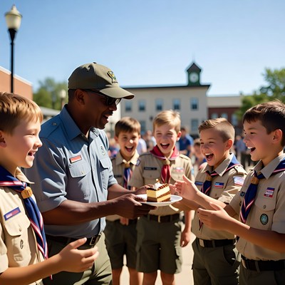 Scout leader serving cake to boys