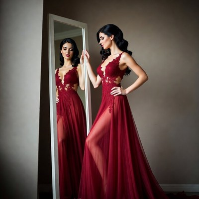 Woman in red lace gown by mirror