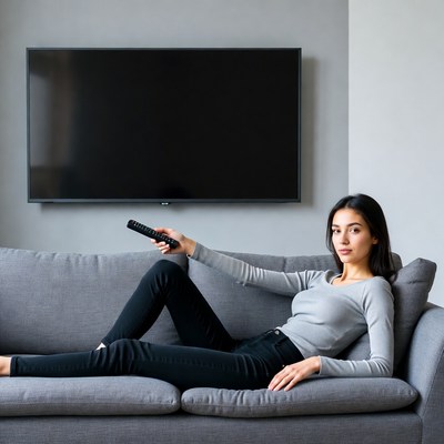 Woman relaxing on couch with TV remote