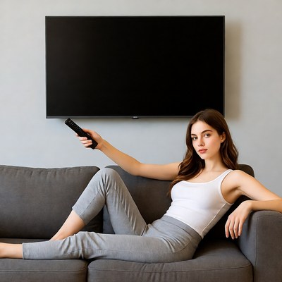 Woman holding remote on couch