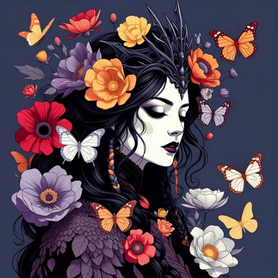 Woman with flowers and butterflies