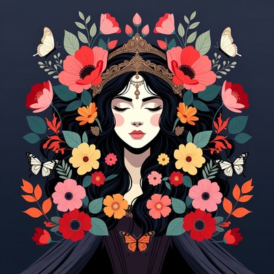 Floral Crown Woman Portrait Illustration
