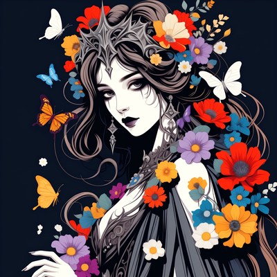 Gothic woman with flowers and butterflies