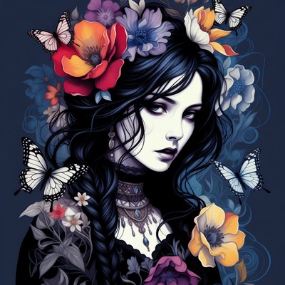 Woman with floral crown and butterflies