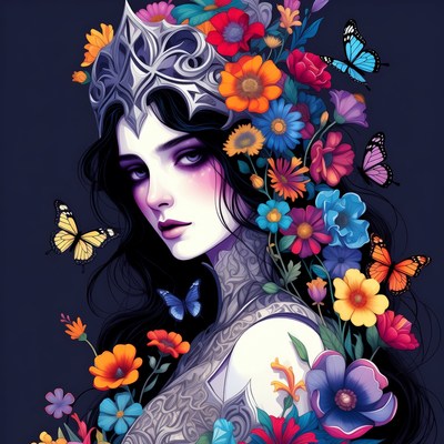 Woman with floral crown and butterflies