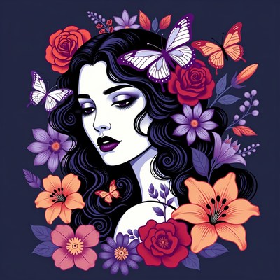 Woman with flowers and butterflies