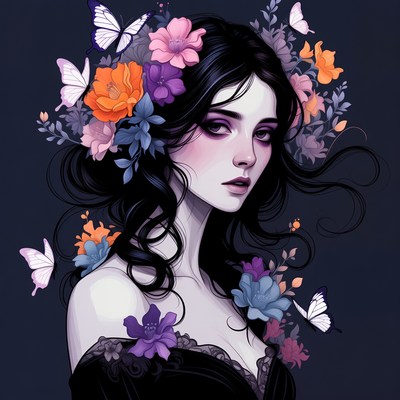 Woman with flowers and butterflies in hair