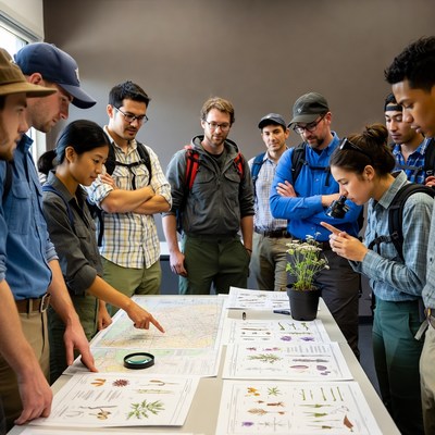 Group examining map and plants outdoors