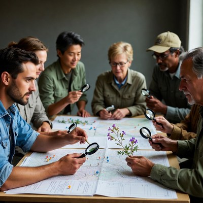 Diverse group examining plants with magnifying glasses