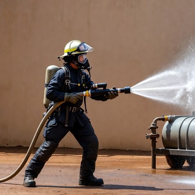 Firefighter spraying water hose