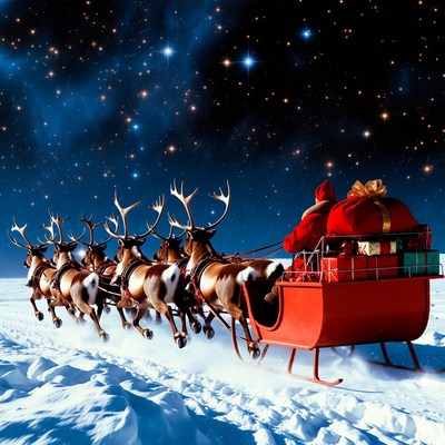 Santa Claus reindeer sleigh flying snowy night