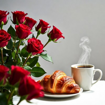 Croissant Coffee and Red Roses