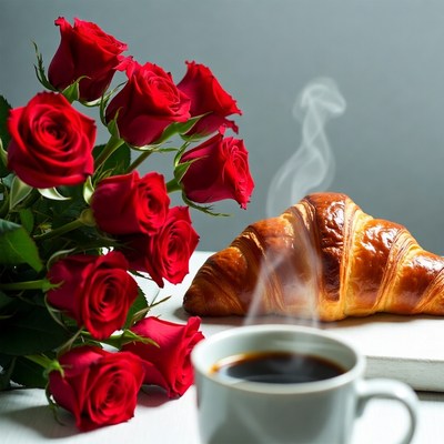 Red Roses with Croissant and Coffee