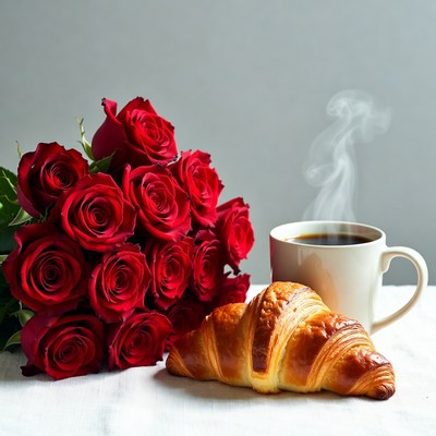 Red Roses with Croissant and Coffee