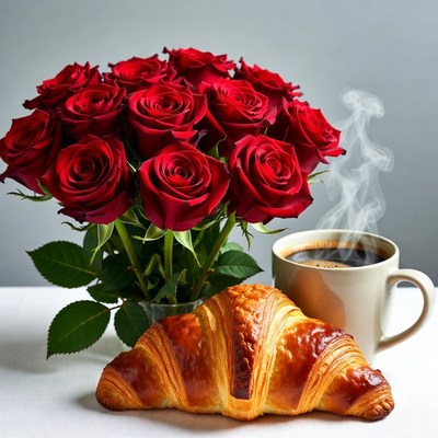 Red Roses with Croissant and Coffee