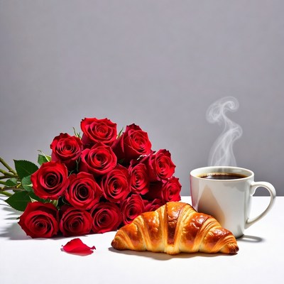 Red Roses with Coffee and Croissant