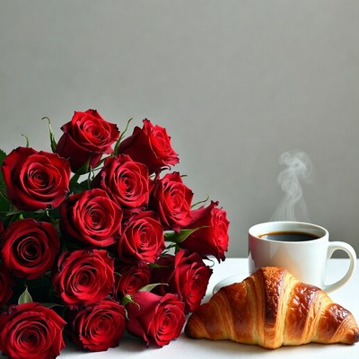 Red Roses with Croissant and Coffee