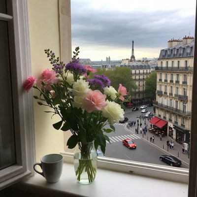 Bouquet and Eiffel Tower Window View
