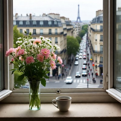 Eiffel Tower View with Flowers and Coffee