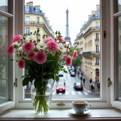 Pink Flowers Eiffel Tower Window View