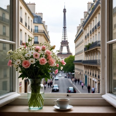 Eiffel Tower View from Window with Flowers
