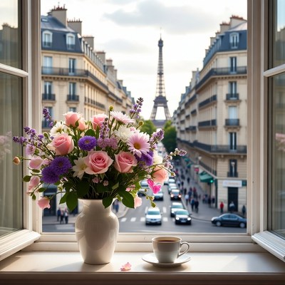 Eiffel Tower View from Window with Flowers