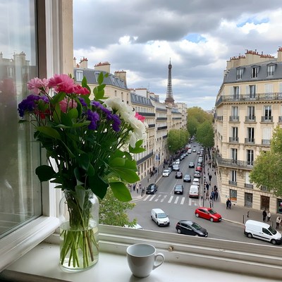 Eiffel Tower View with Flowers and Teacup