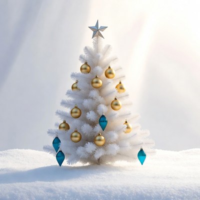 White Christmas Tree with Gold and Teal Ornaments
