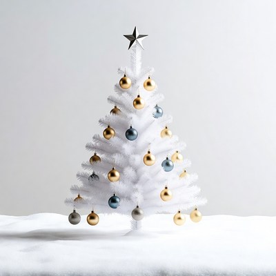White Christmas tree with gold blue ornaments
