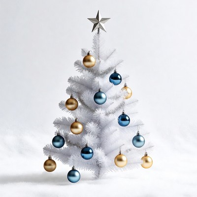 White Christmas Tree with Gold Blue Ornaments