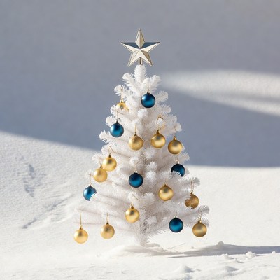 White Christmas Tree with Gold Blue Ornaments