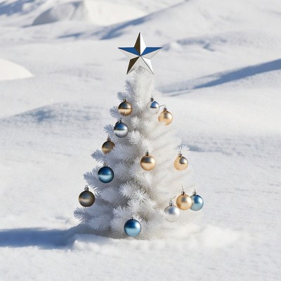 White Christmas tree in snowy landscape