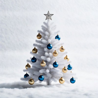 White Christmas Tree with Blue Gold Ornaments