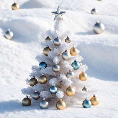 White Christmas Tree with Gold Silver Ornaments Snow