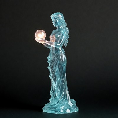 Blue Woman Statue Holding Glowing Orb
