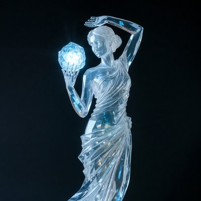 Crystal woman holding glowing orb