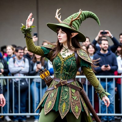 Woman in green elf archer cosplay