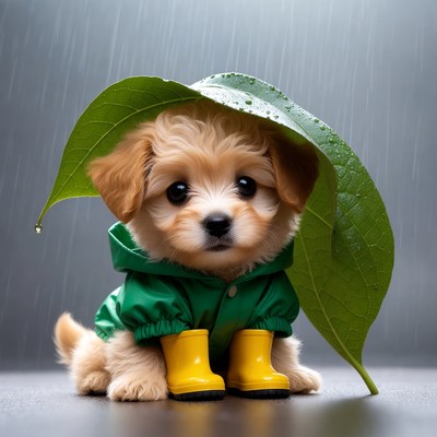 Puppy in raincoat under leaf