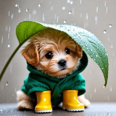 Puppy in raincoat under leaf umbrella