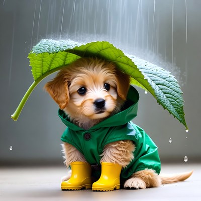 Puppy in Raincoat with Leaf Umbrella
