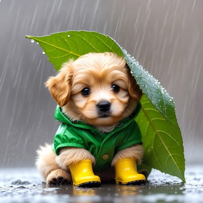 Puppy in raincoat under leaf umbrella