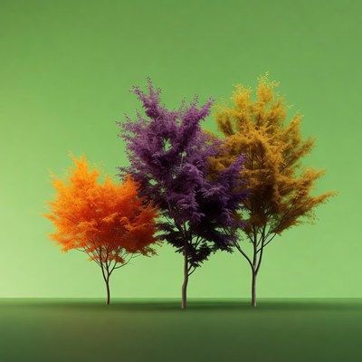 Three Colorful Trees on Green Background