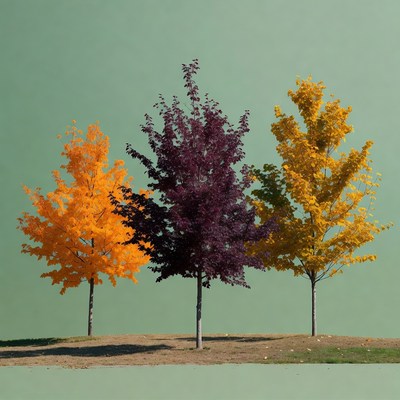 Three Colorful Autumn Trees on Green Background
