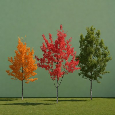 Three Trees in Green Orange Red